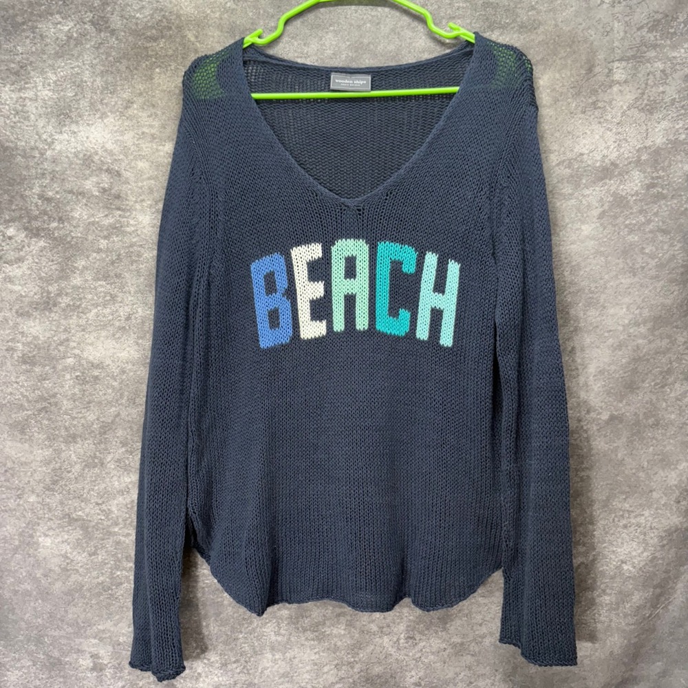 Wooden Ships Paola Buendia Navy Blue Beach Open Knit Sweater Size S/M Coastal